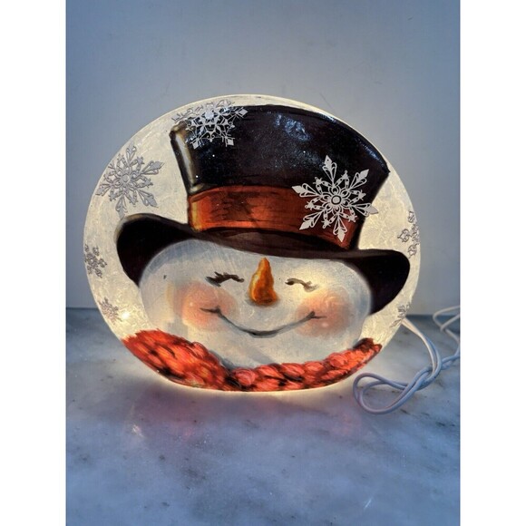 Stony Creek Decorative Lighted Glass Snowman Top Hat Scarf 6" Saucer Painted - Picture 2 of 7
